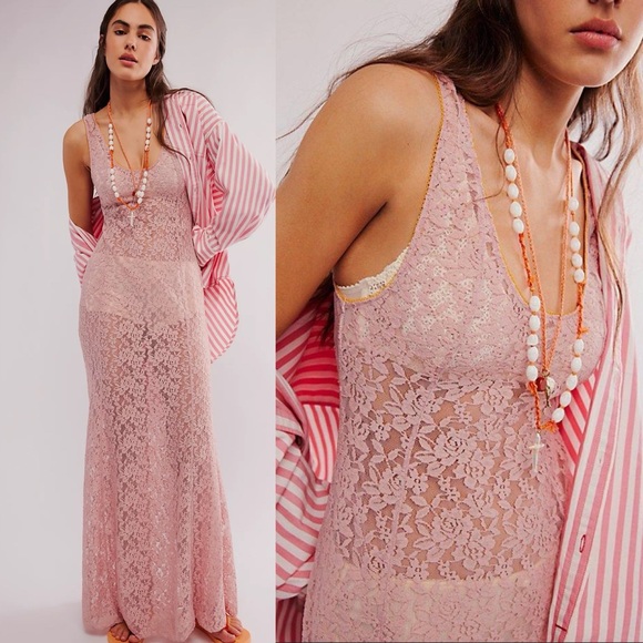 FREE PEOPLE Feeling For Lace Pink Maxi Slip Dress NEW - Picture 2 of 2